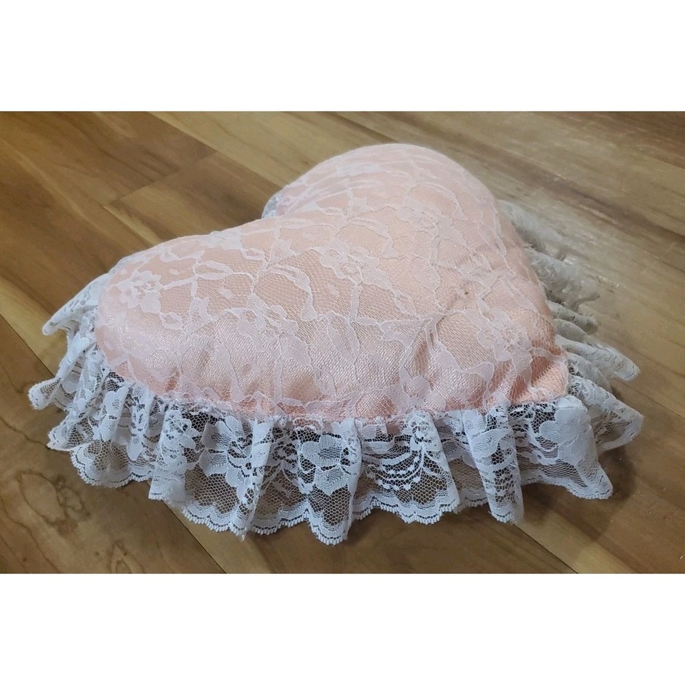 Heart Shaped Floral Lace Throw Pillow Peach Pink Cottagecore Victorian Romantic - Picture 3 of 8